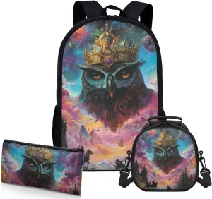 AmzPrint Stygian Owl School Backpacks Matching Lunch Kit Combo For Girls Middle School 3Pc Backpack Set