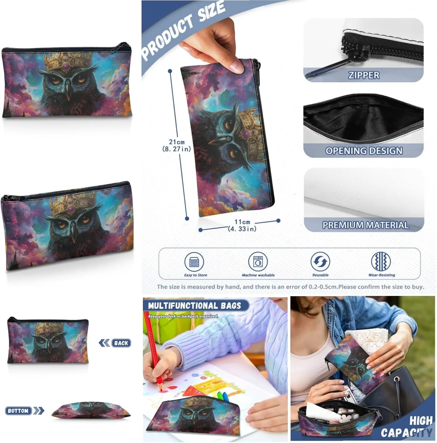 AmzPrint Stygian Owl School Backpacks Matching Lunch Kit Combo For Girls Middle School 3Pc Backpack Set