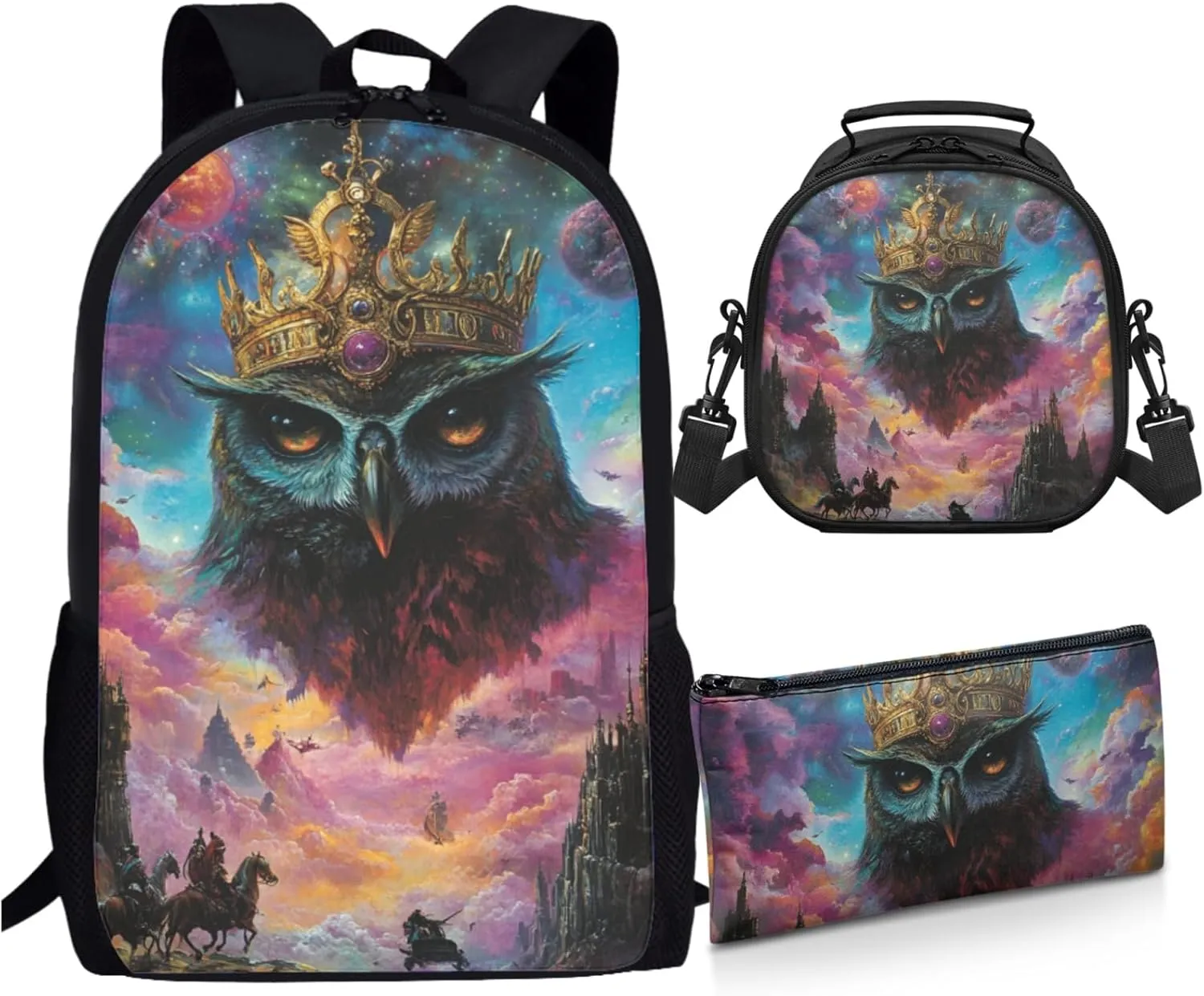 AmzPrint Stygian Owl School Backpacks Matching Lunch Kit Combo For Girls Middle School 3Pc Backpack Set