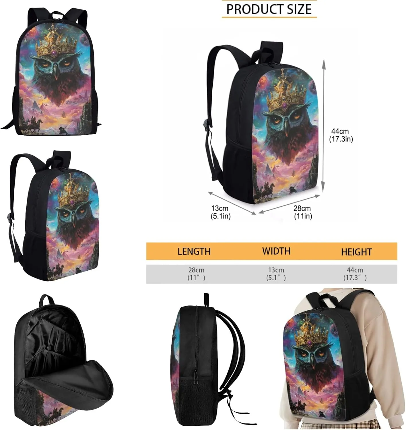 AmzPrint Stygian Owl School Backpacks Matching Lunch Kit Combo For Girls Middle School 3Pc Backpack Set