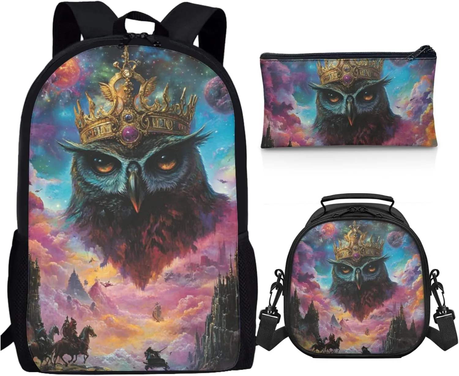 AmzPrint Stygian Owl School Backpacks Matching Lunch Kit Combo For Girls Middle School 3Pc Backpack Set