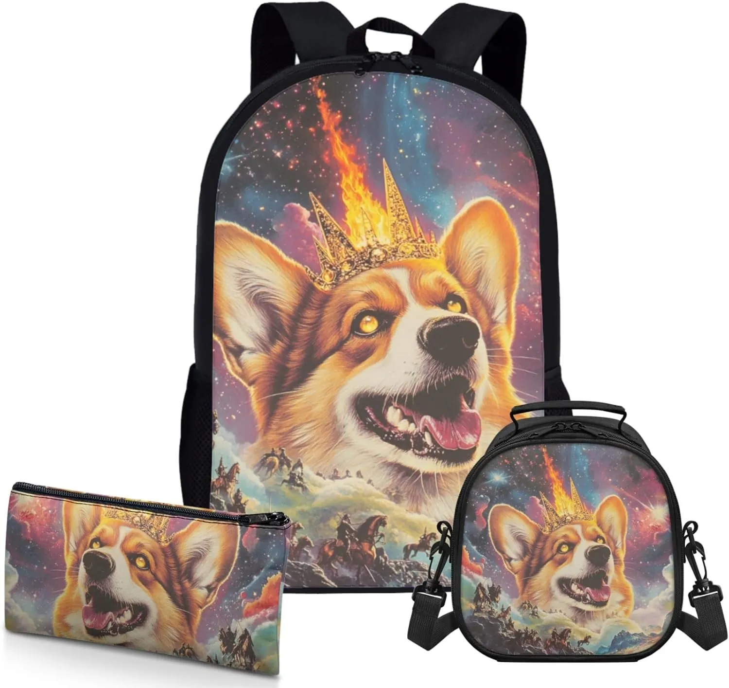 AmzPrint Welsh Corgi Dog School Backpacks With Lunch Box For Boys Elementary School 3Pc Backpack Set Back To School Bag Gifts