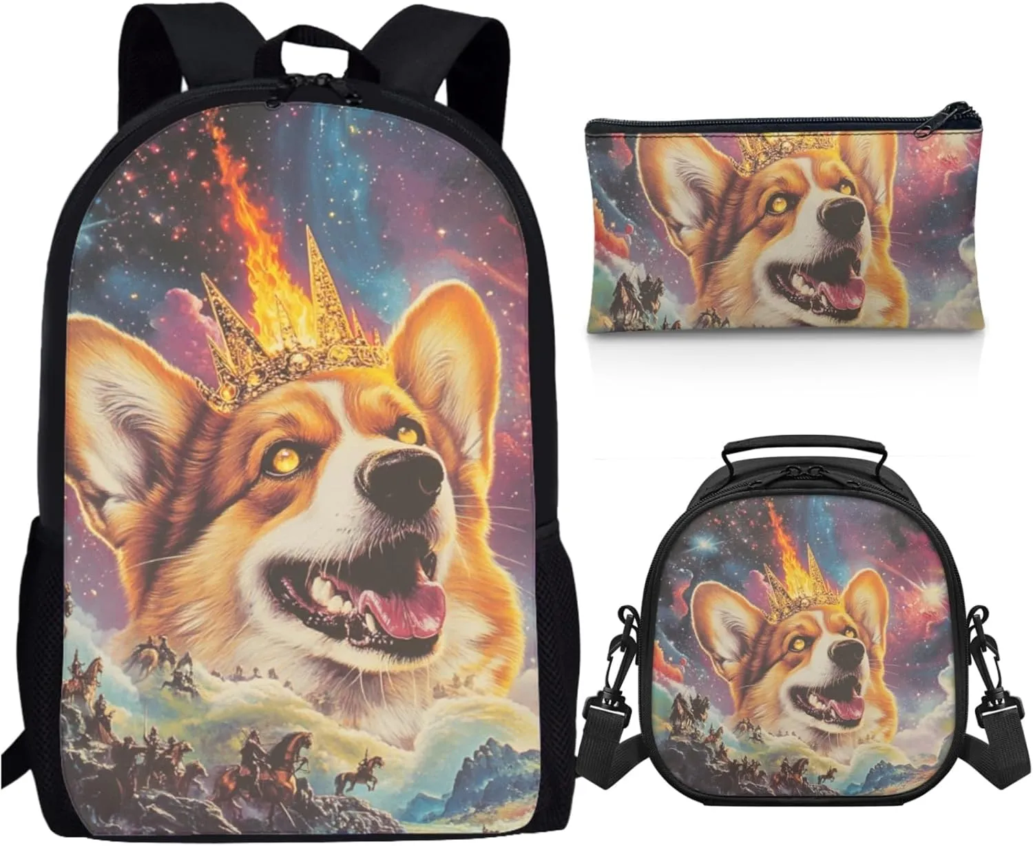 AmzPrint Welsh Corgi Dog School Backpacks With Lunch Box For Boys Elementary School 3Pc Backpack Set Back To School Bag Gifts