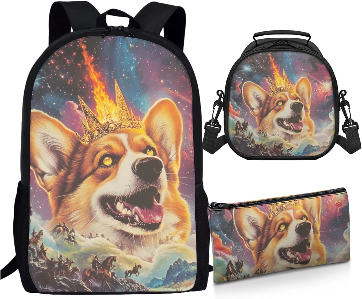 AmzPrint Welsh Corgi Dog School Backpacks With Lunch Box For Boys Elementary School 3Pc Backpack Set Back To School Bag Gifts