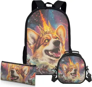 AmzPrint Welsh Corgi Dog School Backpacks With Lunch Box For Boys Elementary School 3Pc Backpack Set Back To School Bag Gifts