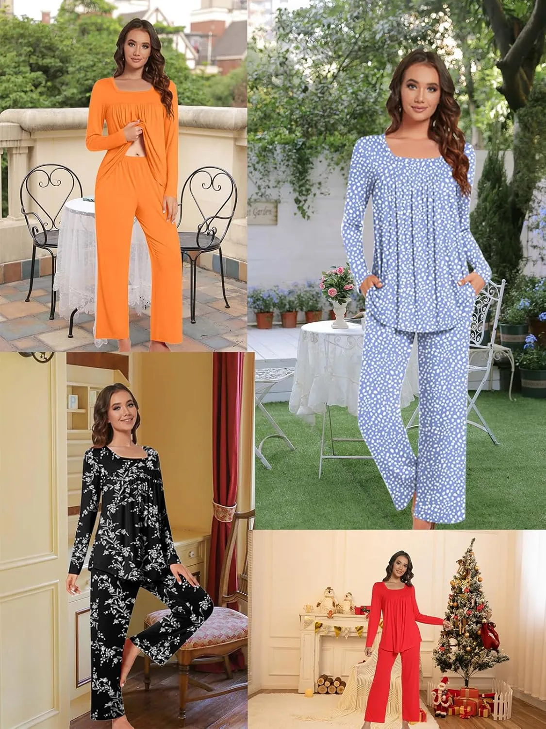 Anydeer Women Pajamas Set Long Sleeve Casual 2 Piece Pleated Pjs Nightwear Pants With Pocket