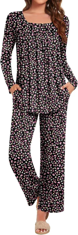 Anydeer Women Pajamas Set Long Sleeve Casual 2 Piece Pleated Pjs Nightwear Pants With Pocket