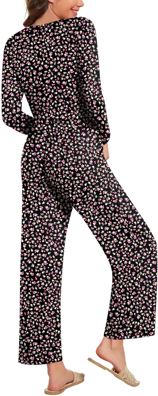 Anydeer Women Pajamas Set Long Sleeve Casual 2 Piece Pleated Pjs Nightwear Pants With Pocket