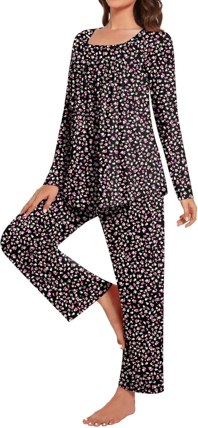 Anydeer Women Pajamas Set Long Sleeve Casual 2 Piece Pleated Pjs Nightwear Pants With Pocket