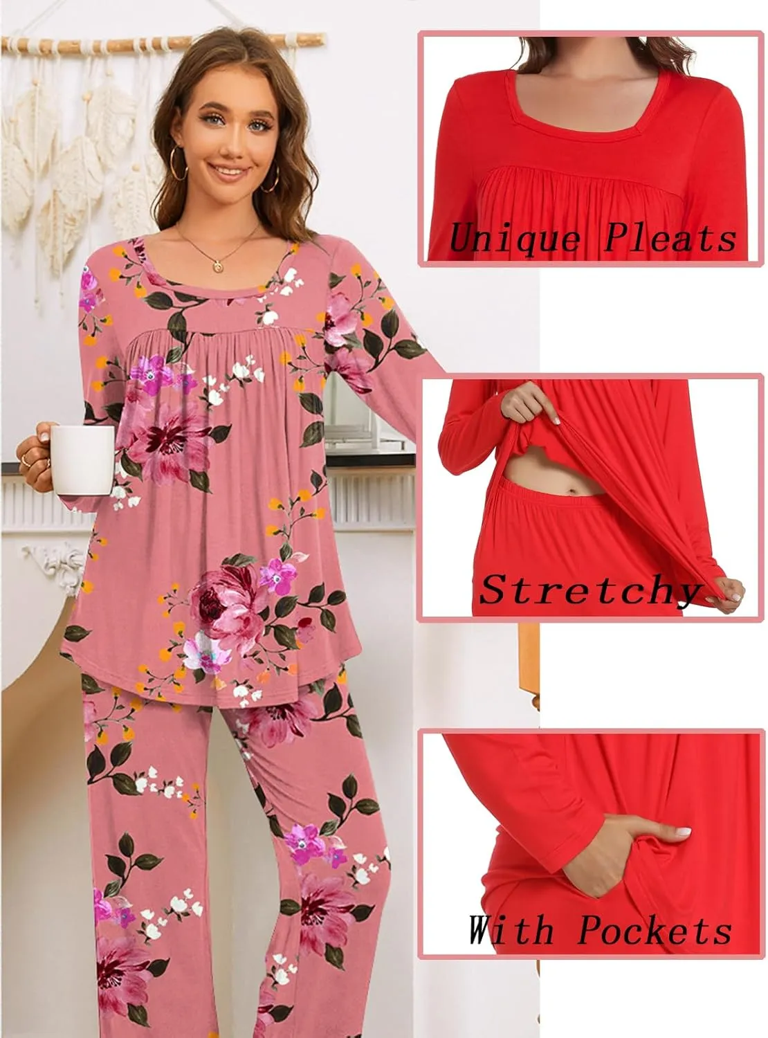 Anydeer Women Pajamas Set Long Sleeve Casual 2 Piece Pleated Pjs Nightwear Pants With Pocket