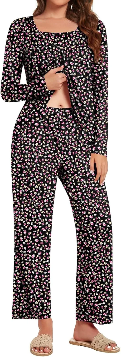 Anydeer Women Pajamas Set Long Sleeve Casual 2 Piece Pleated Pjs Nightwear Pants With Pocket