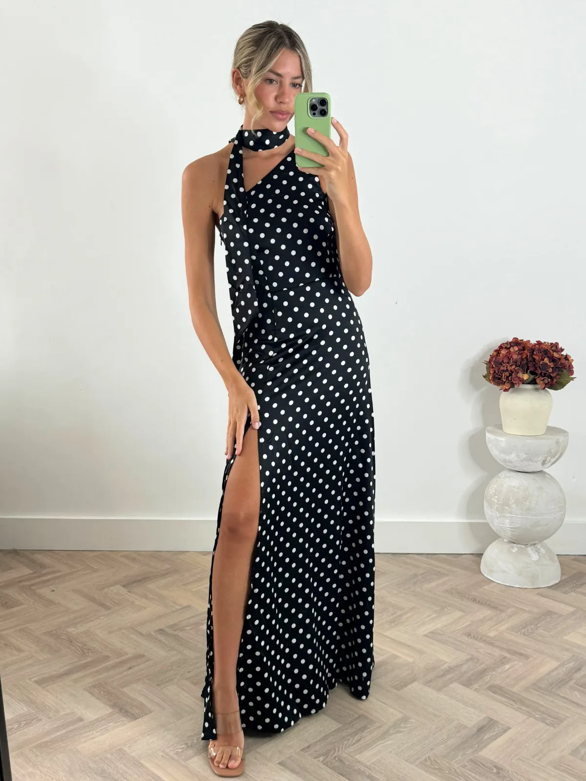 Arielle One-Shoulder Satin Maxi Dress in Mono Spot