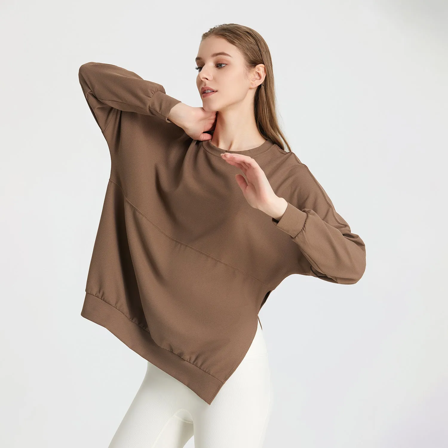 Autumn Winter Loose Waffle Side Fork Sports Top Women Casual Running Workout Clothes Long Sleeved T shirt Yoga Clothes Blouse