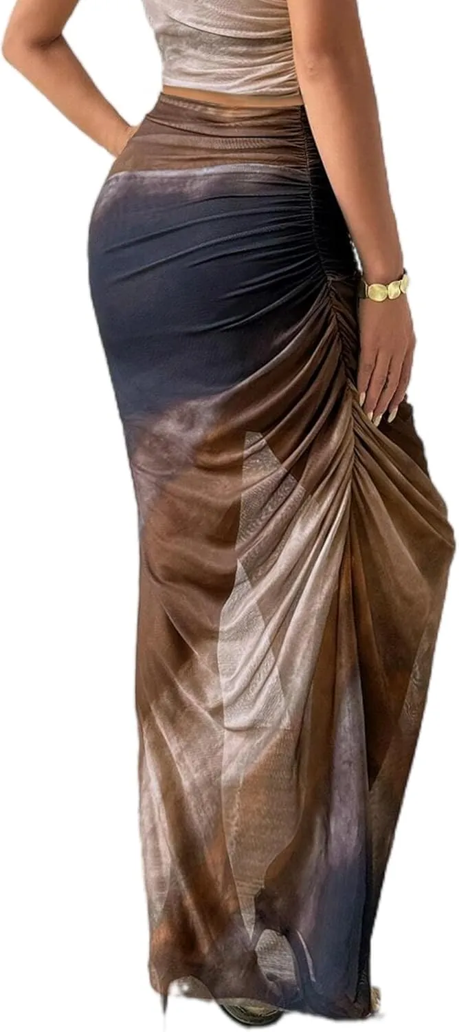 Avanova Womens Tie Dye Mesh Side Slit Maxi Skirts Split High Waisted Long Skirts