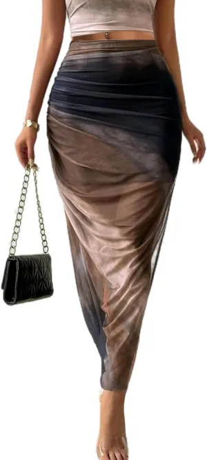 Avanova Womens Tie Dye Mesh Side Slit Maxi Skirts Split High Waisted Long Skirts