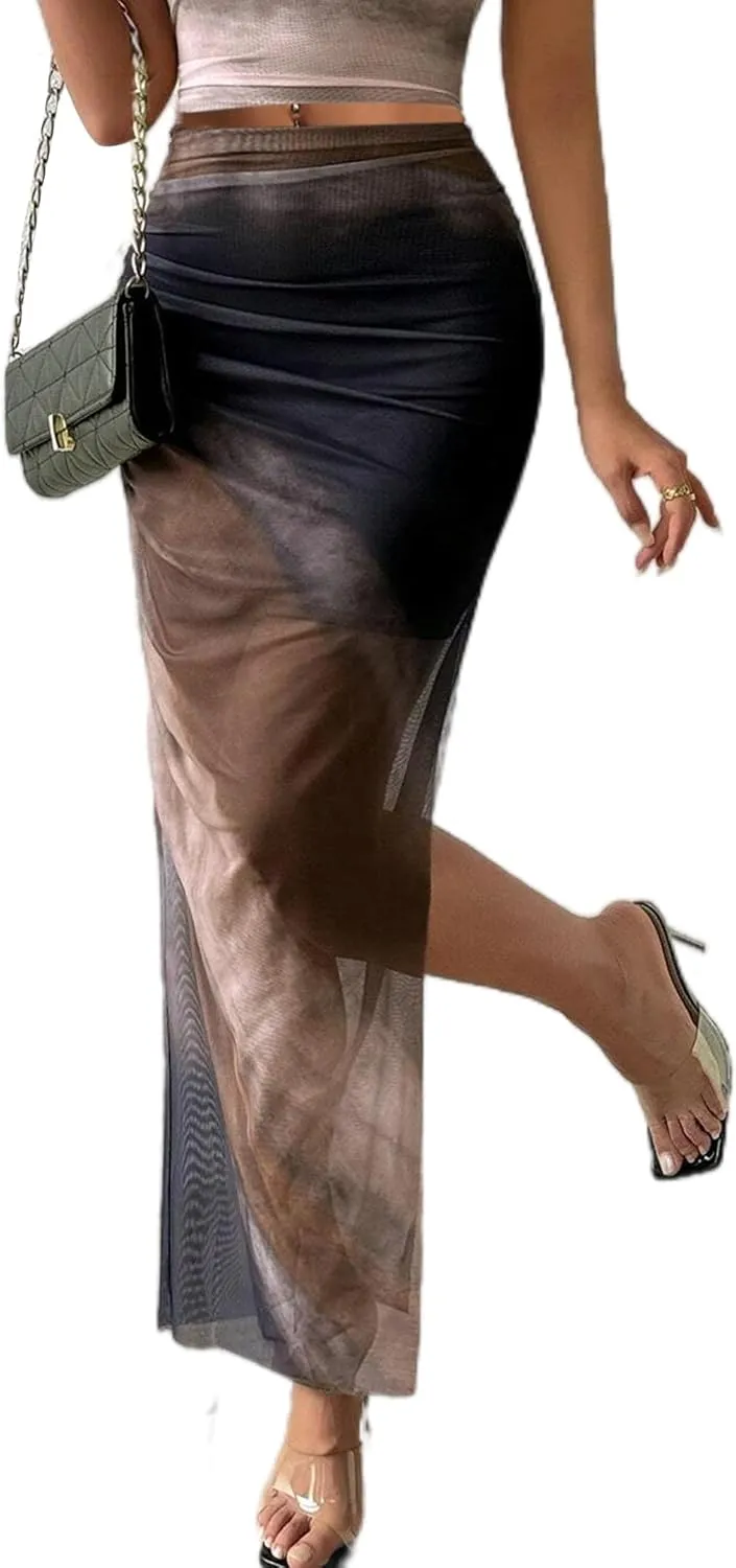 Avanova Womens Tie Dye Mesh Side Slit Maxi Skirts Split High Waisted Long Skirts