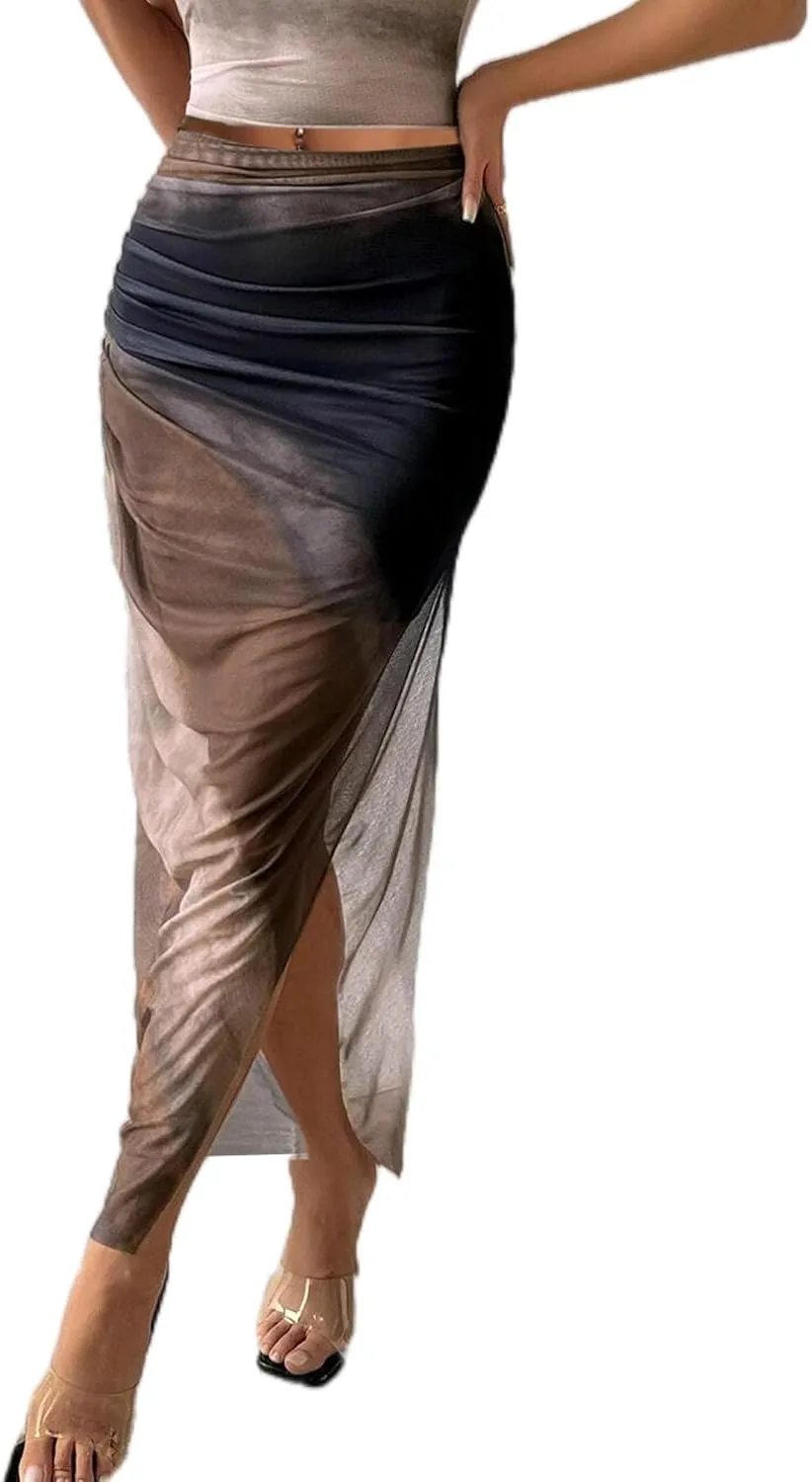 Avanova Womens Tie Dye Mesh Side Slit Maxi Skirts Split High Waisted Long Skirts