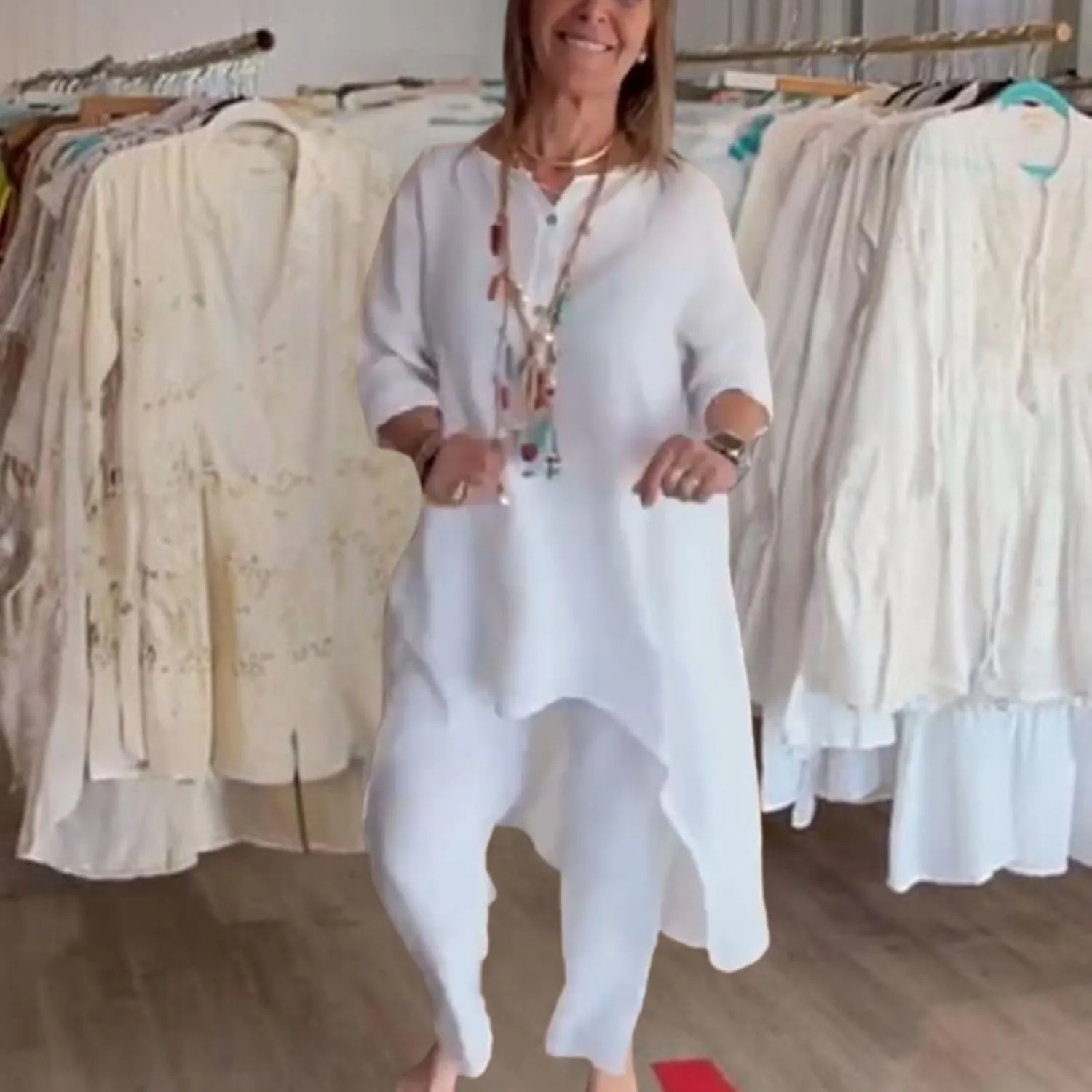 Bengbobar Linen Sets for Women 2 Piece Linen Suit Pants Two Piece Long Sleeve Maxi Dress and Wide Leg Pant Set Linen Outfits