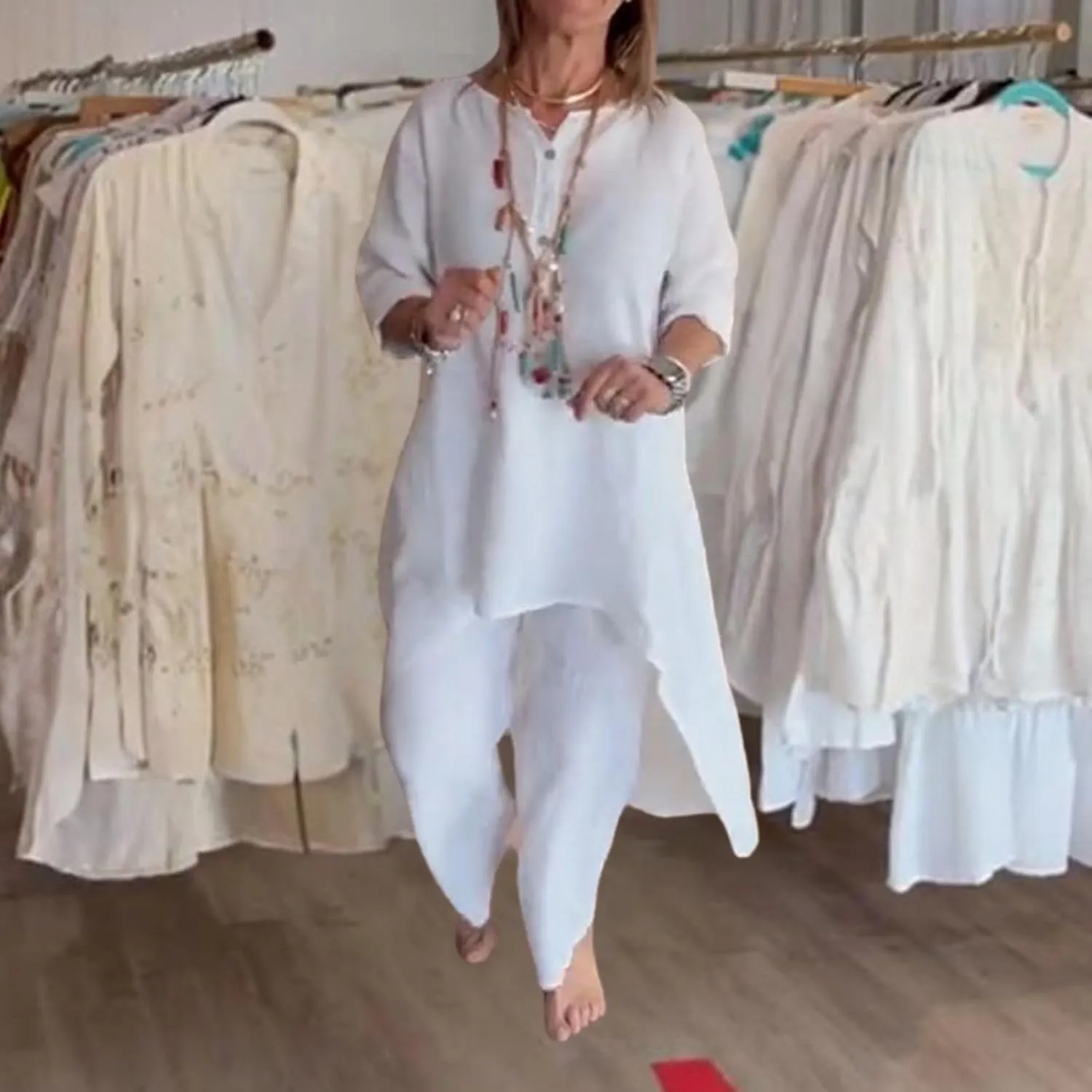 Bengbobar Linen Sets for Women 2 Piece Linen Suit Pants Two Piece Long Sleeve Maxi Dress and Wide Leg Pant Set Linen Outfits