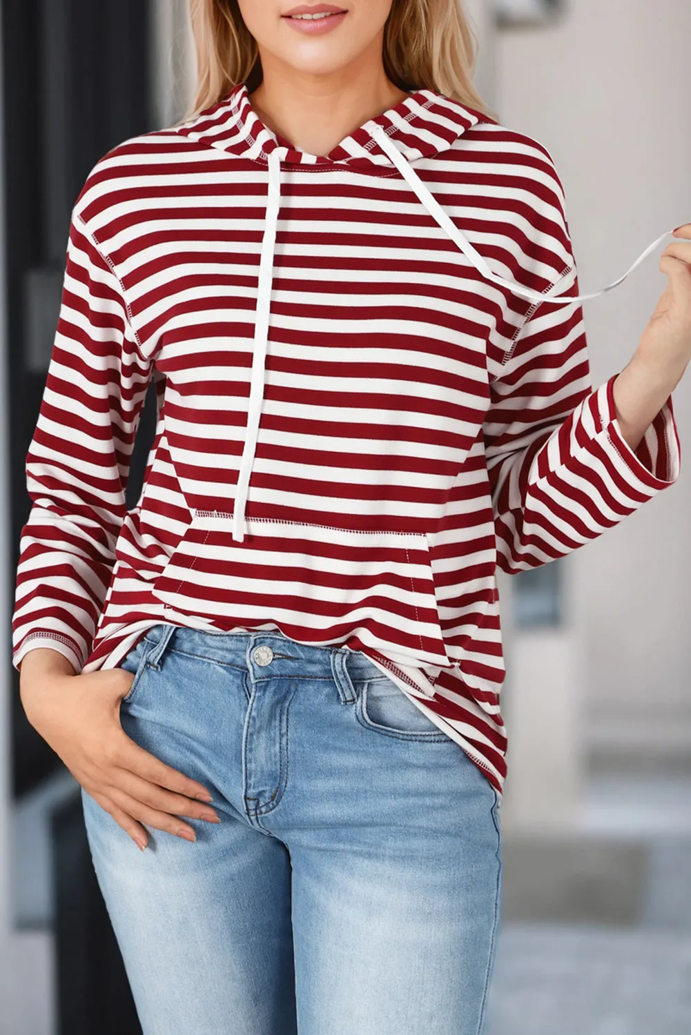 Biking Red Stripe Kangaroo Pocket Drawstring Hoodie