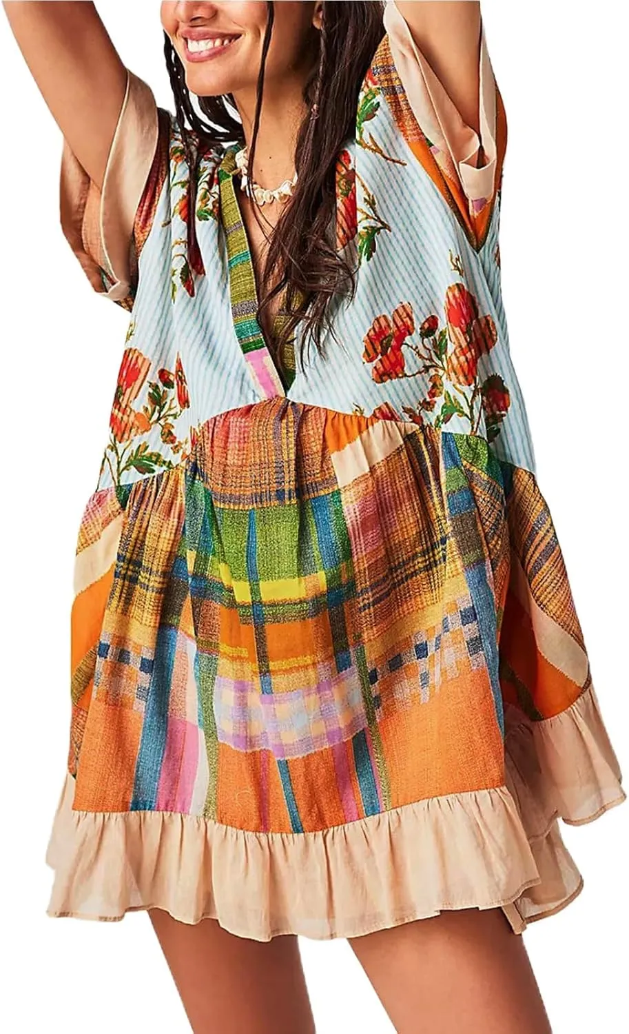 Boho Summer Dresses for Women Short Y2k Babydoll Dress Ruffle Mini Dress Deep V-Neck Casual Floral Tropical Sundress