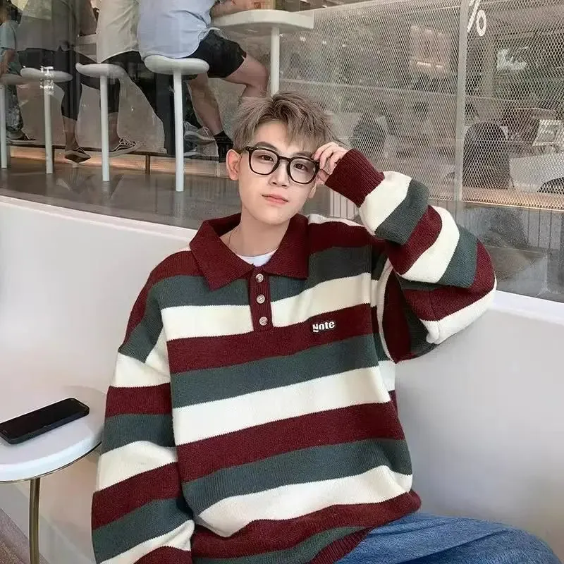 Bonsir College style Polo collar knitted sweater for men and women autumn and winter vintage stripes lazy style sweater trendy top y2k