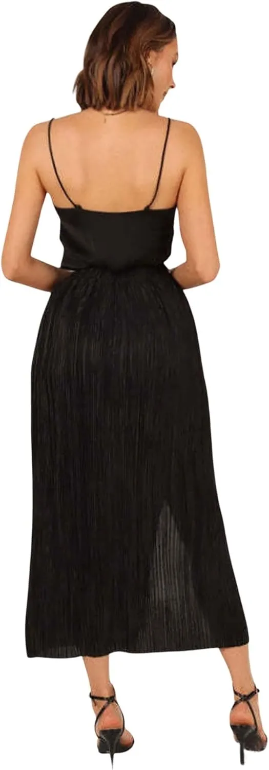 CHARTOU Casual High Waist A Line Long Pleated Skirt for Women Midi Length Side Slit Ruffle Flowy Pencil Skirt