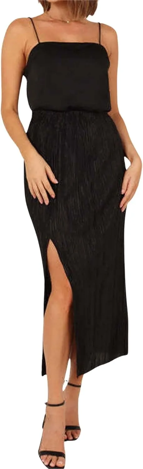 CHARTOU Casual High Waist A Line Long Pleated Skirt for Women Midi Length Side Slit Ruffle Flowy Pencil Skirt