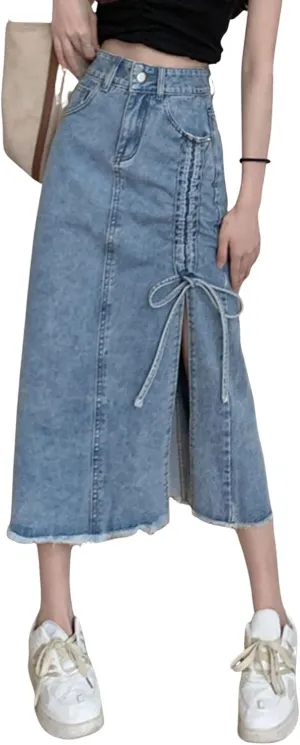 CHARTOU Women Slim High Waisted Denim Jean Midi Skirt Ripped Frayed Side Slit Ruched Tie A Line Long Skirt