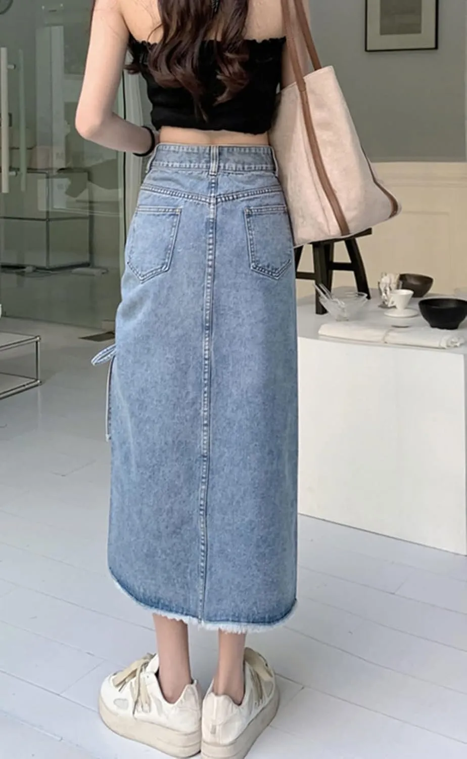 CHARTOU Women Slim High Waisted Denim Jean Midi Skirt Ripped Frayed Side Slit Ruched Tie A Line Long Skirt