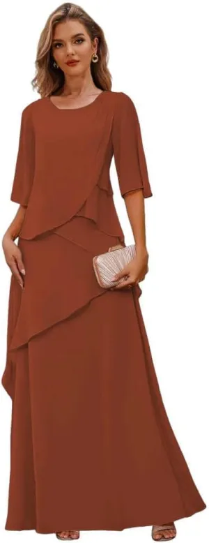 Chiffon Mother of The Bride Dresses for Women Tiered Wedding Party Dress with Sleeves Long Formal Gown