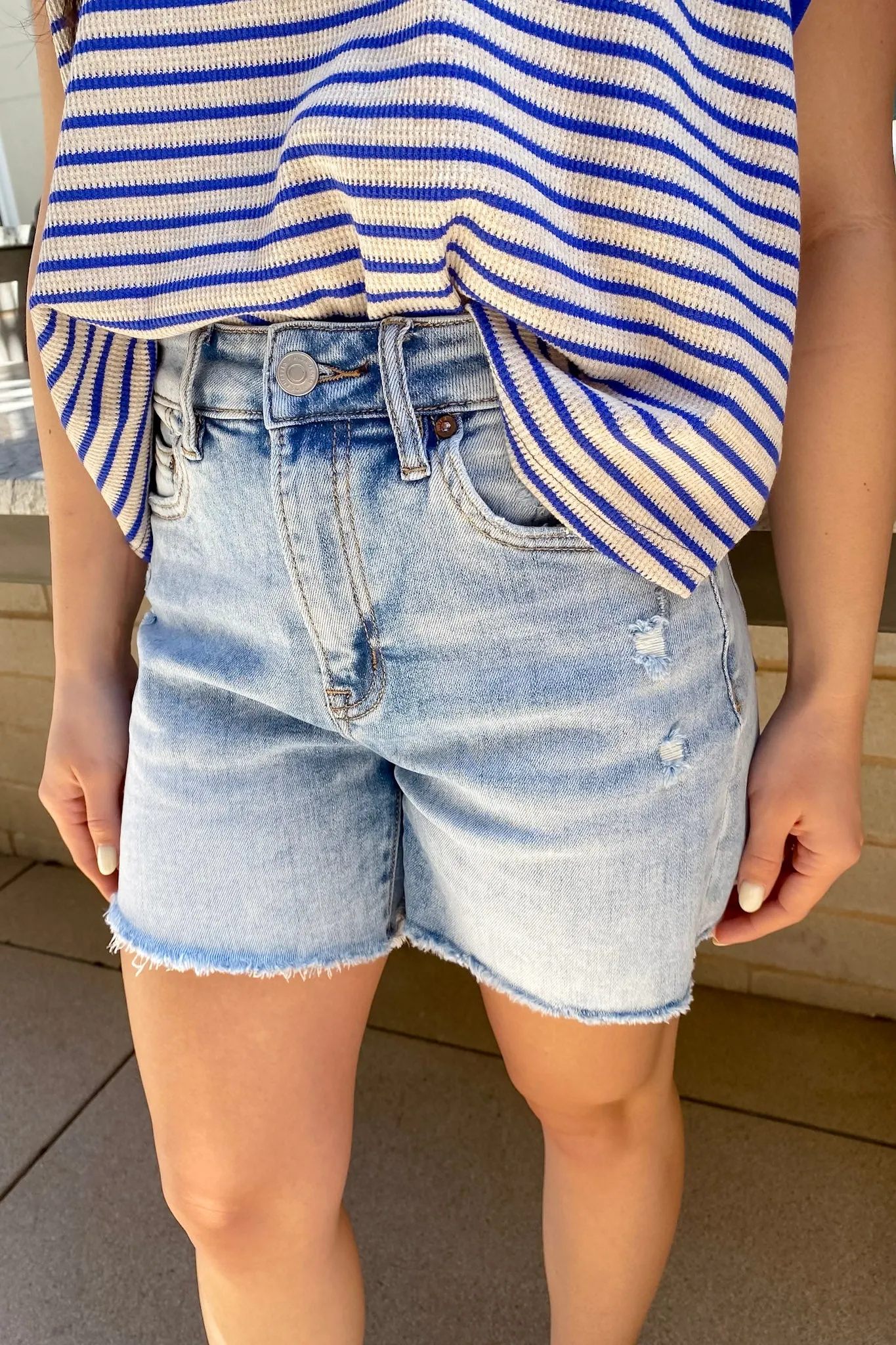 City Blue Super High Frayed Hem Denim Shorts by Mica