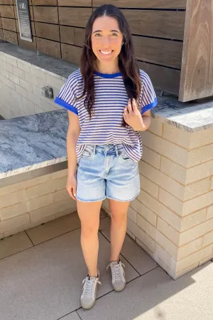 City Blue Super High Frayed Hem Denim Shorts by Mica