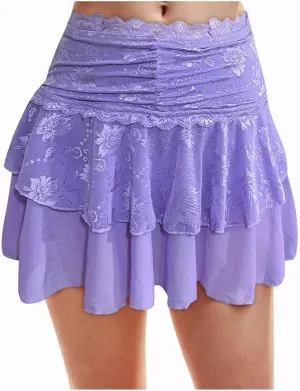 cooki Lace Mini Skirt for Women Y2k, Women's Cute Pleated Mini Skirt Sexy Lace High Waisted Layered Ruffle Hem Short Skirts