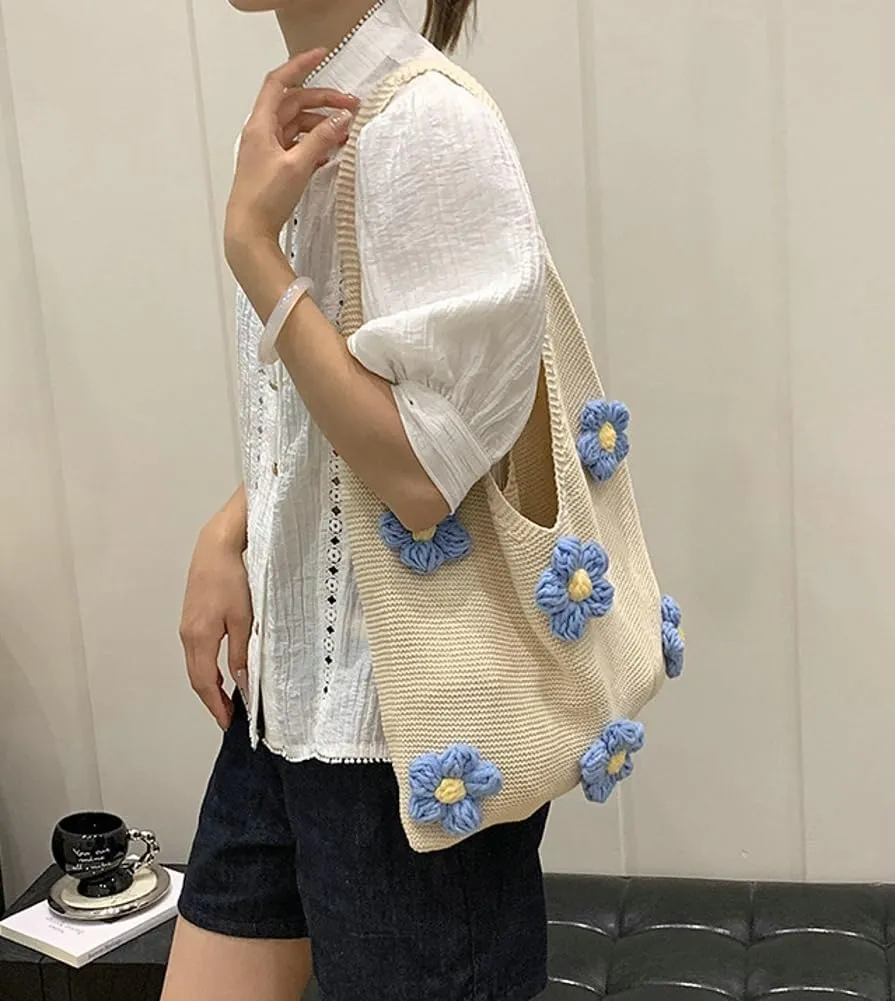 Crochet Tote Bag Women 2025 Trendy Woven Summer Beach Bag Large Shoulder Purse Tote Handbags with Handwoven Flower