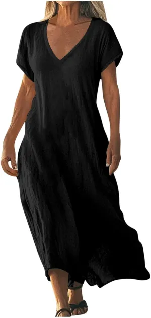 DDAPJ pyju Casual Summer Dresses for Women 2025 Linen V Neck Short Sleeve Tshirt Dress Beach Vacation Flowy Maxi Dresses