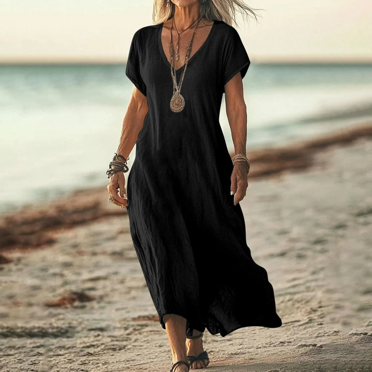 DDAPJ pyju Casual Summer Dresses for Women 2025 Linen V Neck Short Sleeve Tshirt Dress Beach Vacation Flowy Maxi Dresses