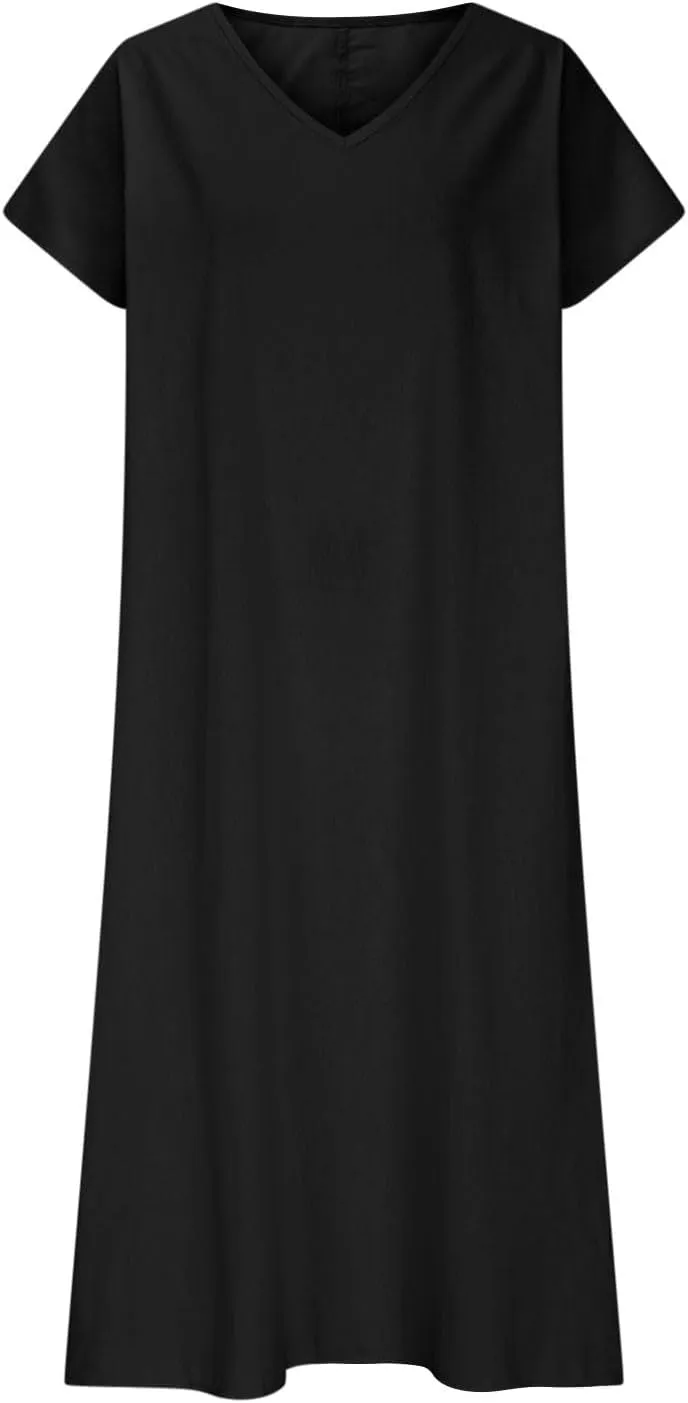 DDAPJ pyju Casual Summer Dresses for Women 2025 Linen V Neck Short Sleeve Tshirt Dress Beach Vacation Flowy Maxi Dresses