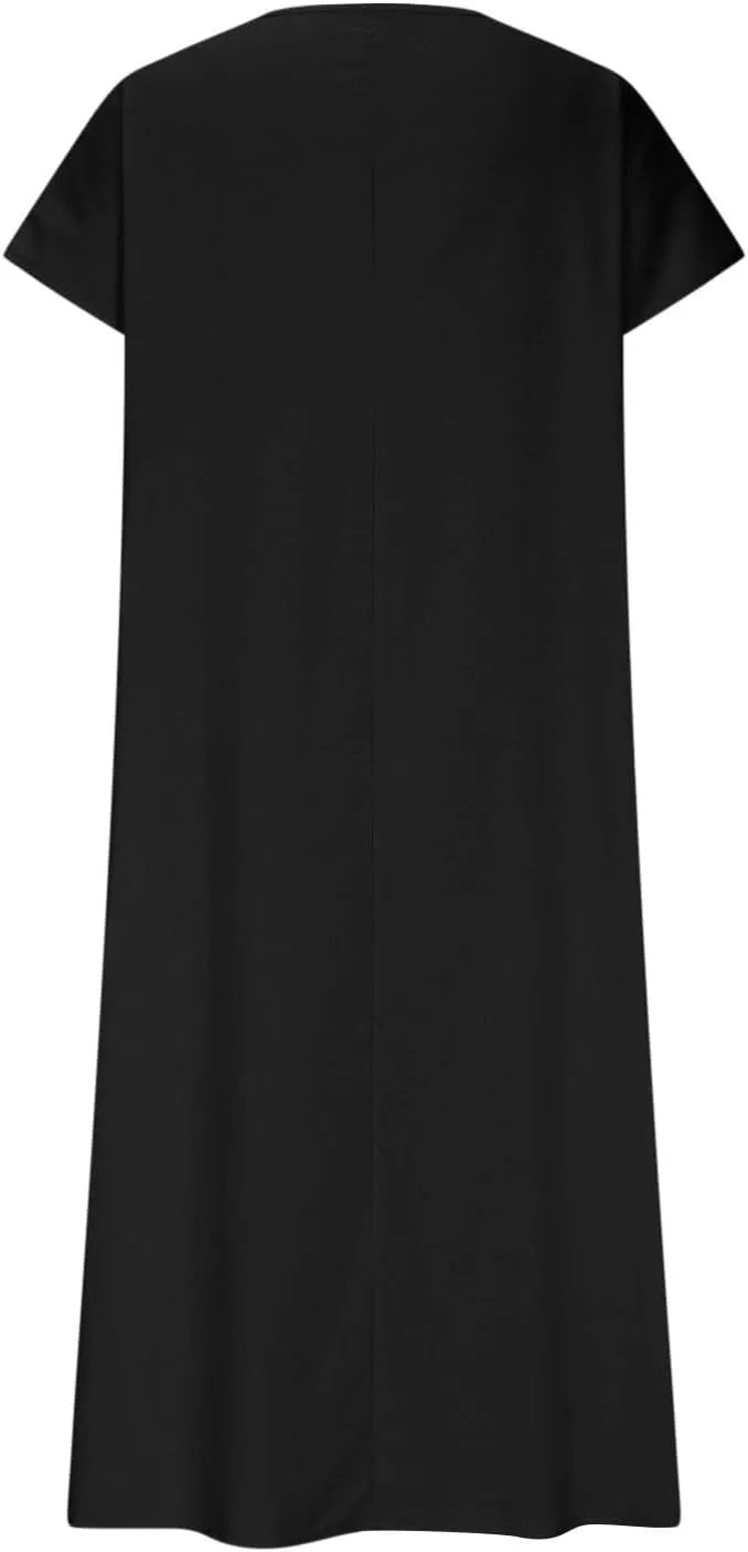 DDAPJ pyju Casual Summer Dresses for Women 2025 Linen V Neck Short Sleeve Tshirt Dress Beach Vacation Flowy Maxi Dresses