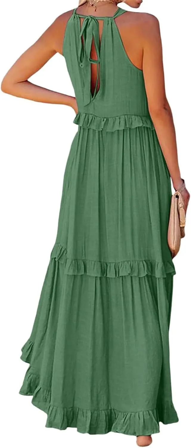 Dresses for Women Loose Plain Maxi Big Swing Beach Dress 2024 Shoulder Sleeveless Ruffle Hem Flowy Long Dresses