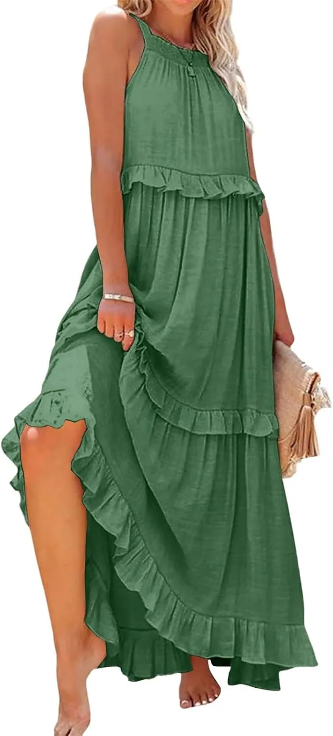 Dresses for Women Loose Plain Maxi Big Swing Beach Dress 2024 Shoulder Sleeveless Ruffle Hem Flowy Long Dresses