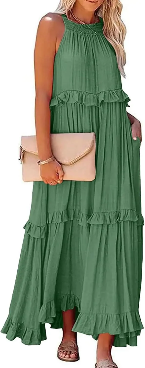 Dresses for Women Loose Plain Maxi Big Swing Beach Dress 2024 Shoulder Sleeveless Ruffle Hem Flowy Long Dresses