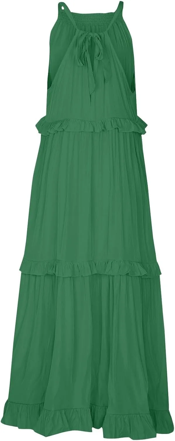 Dresses for Women Loose Plain Maxi Big Swing Beach Dress 2024 Shoulder Sleeveless Ruffle Hem Flowy Long Dresses