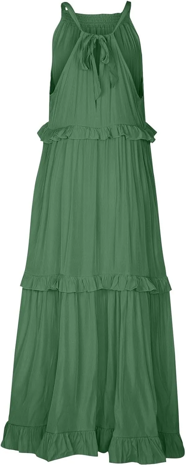 Dresses for Women Loose Plain Maxi Big Swing Beach Dress 2024 Shoulder Sleeveless Ruffle Hem Flowy Long Dresses