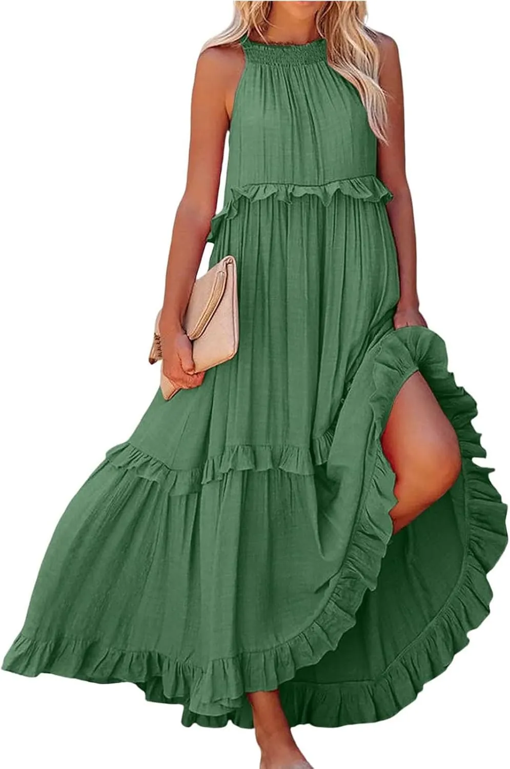 Dresses for Women Loose Plain Maxi Big Swing Beach Dress 2024 Shoulder Sleeveless Ruffle Hem Flowy Long Dresses