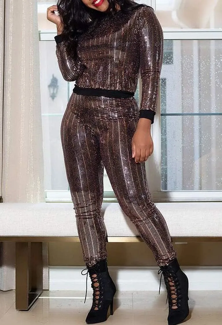EOSIEDUR Womens 2 Piece Outfits & Sexy Silver Glitter Sequins & Metallic Shiny Top and Pants Set