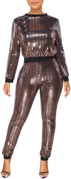 EOSIEDUR Womens 2 Piece Outfits & Sexy Silver Glitter Sequins & Metallic Shiny Top and Pants Set