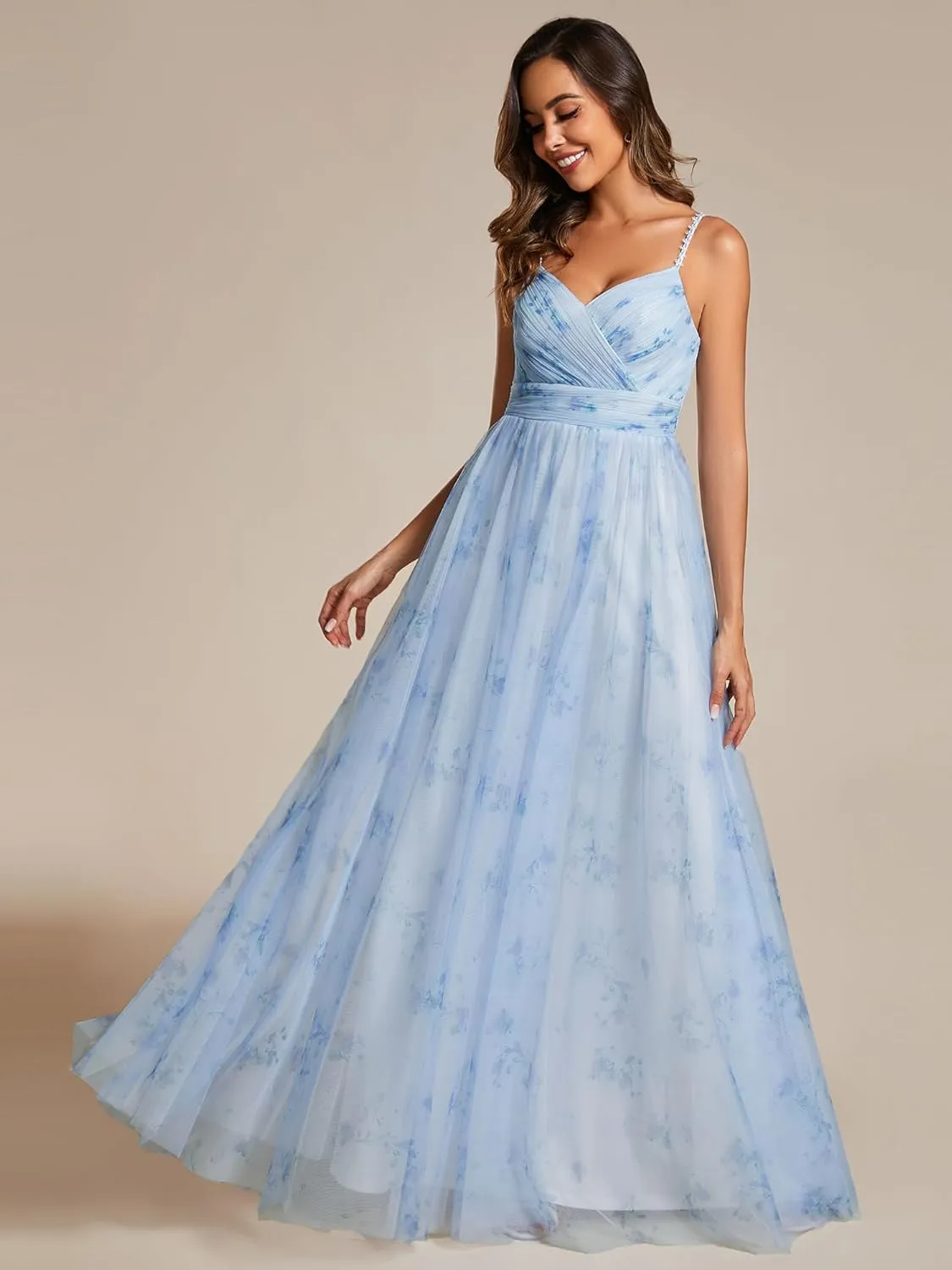 Ever-Pretty Women's A-Line Spaghetti Strap Floral Tulle Floor Length Formal Evening Dresses 02122