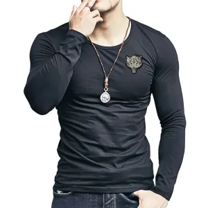 Fashion Men's T-Shirt with Long Sleeve / Cotton O Neck T-Shirt / Slim T-shirt Wolf Embroidery