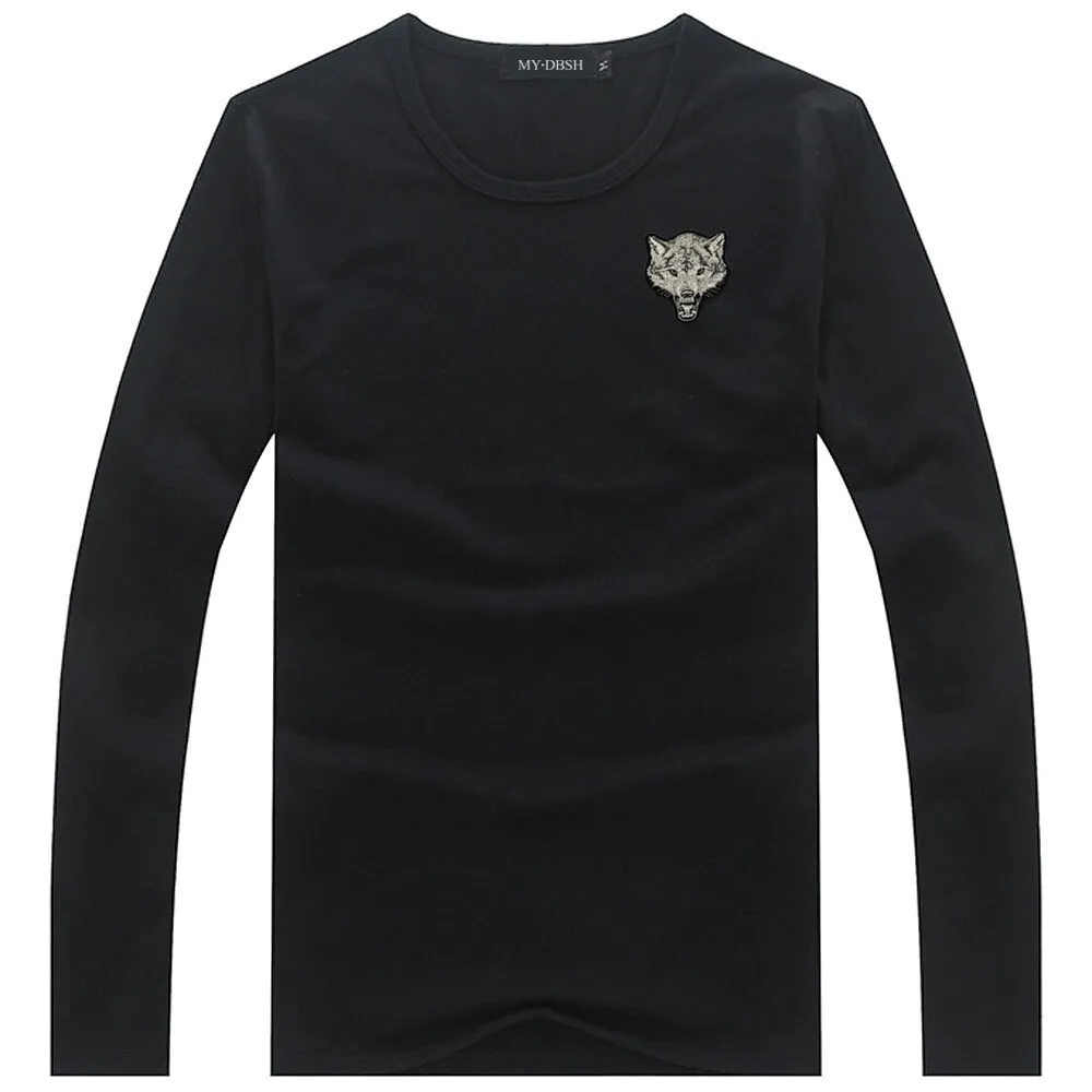 Fashion Men's T-Shirt with Long Sleeve / Cotton O Neck T-Shirt / Slim T-shirt Wolf Embroidery